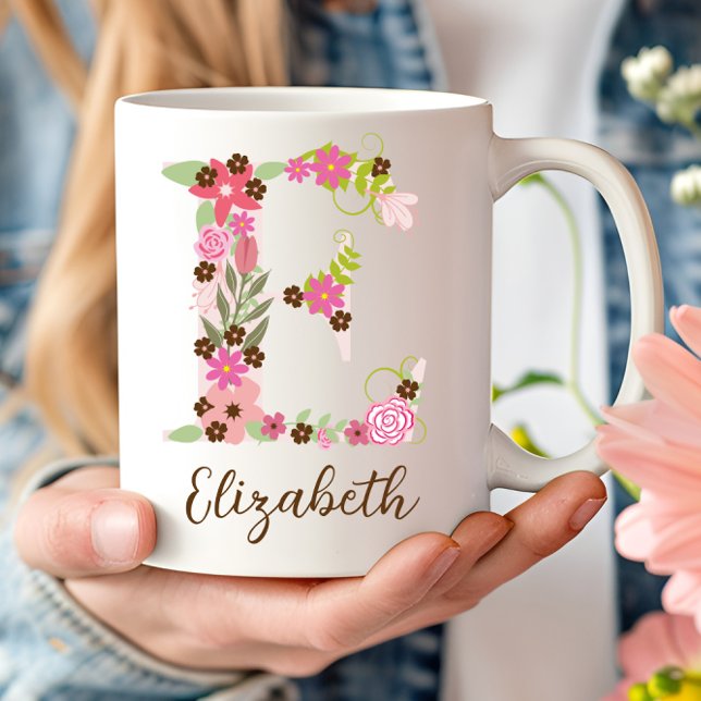 Caneca De Café Monograma Personalizado - Letra Floral E (Personalized Monogram Floral Letter E Coffee Mug)