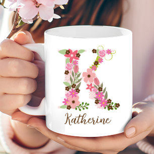 Caneca De Café Monograma Personalizado - Letra Floral K