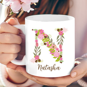 Caneca De Café Monograma Personalizado - Letra Floral N