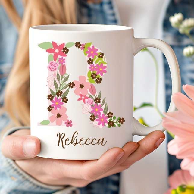 Caneca De Café Monograma Personalizado - Letra Floral R (Personalized Monogram Floral Letter R Coffee Mug)