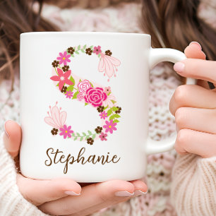 Caneca De Café Monograma Personalizado - Letra Floral S