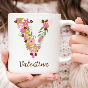 Caneca De Café Monograma Personalizado - Letra Floral V