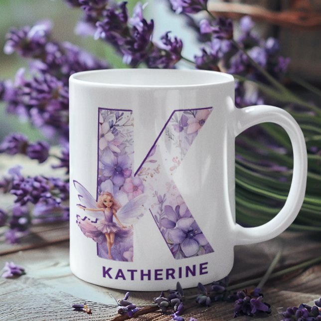 Caneca De Café Monograma Personalizado Lilac Fairy K (Personalized Lilac Fairy Monogram K Coffee Mug)