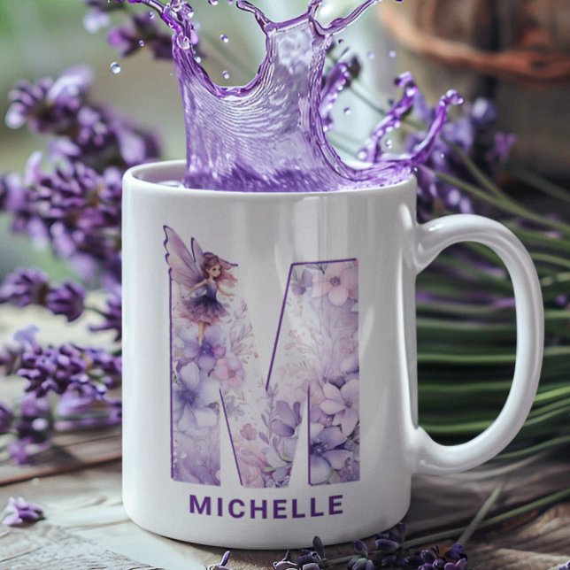 Caneca De Café Monograma Personalizado Lilac Fairy M (Personalized Lilac Fairy Monogram M Coffee Mug)