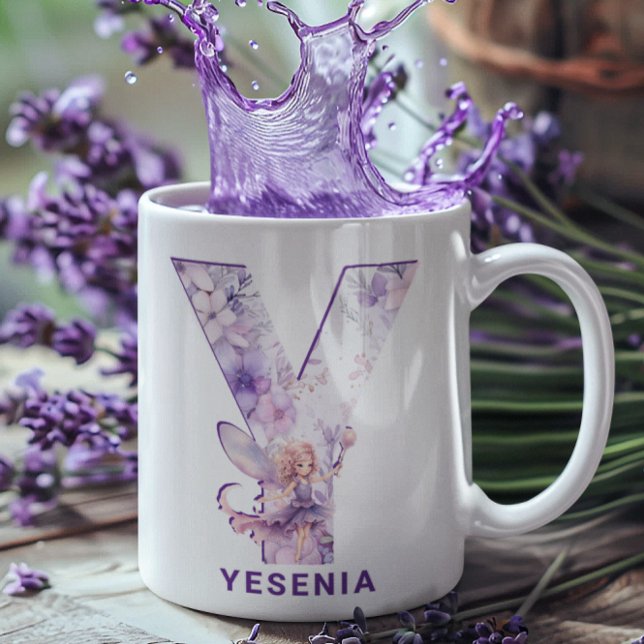 Caneca De Café Monograma Personalizado Lilac Fairy Y (Personalized Lilac Fairy Monogram Y Coffee Mug)