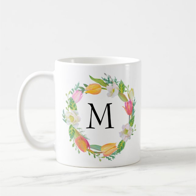 Caneca De Café Monograma Personalizado, Mug De Tulipas Cor De Águ (Esquerda)