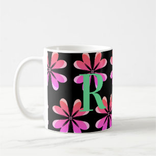 Caneca De Café Monograma personalizado retro-floral preto