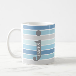 Caneca De Café Monograma Personalizado 'Tons de Azul' Listrado