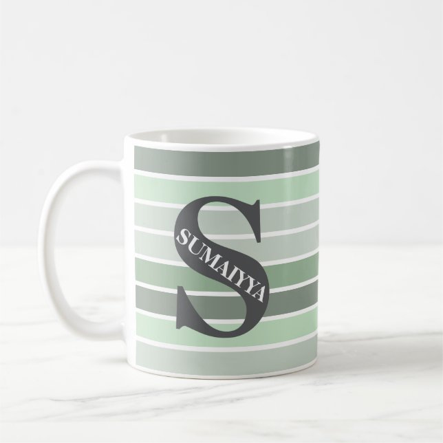 Caneca De Café Monograma Personalizado 'Tons de Verde' Listrado (Esquerda)