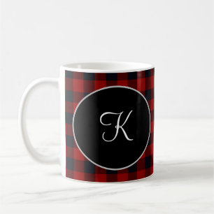 Caneca De Café Monograma Personalizado Xadrez Búfalo Vermelho e P