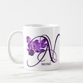 Caneca De Café Monograma personalizável de Nicole floral roxa