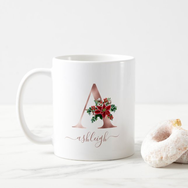 Caneca De Café Monograma Poinsettia em Dourado Rosa Script (Com Donut)