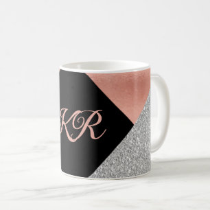 Caneca De Café Monograma preto-brilhante de prata rosa-quente Ele