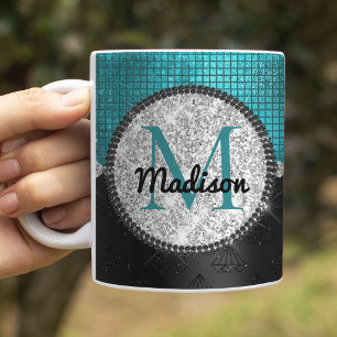 Caneca De Café Monograma preto em turquesa com brilho prateado fa