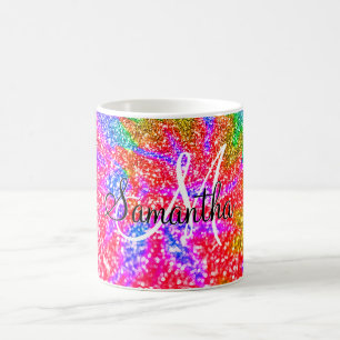 Caneca De Café Monograma Rainbow Tie Dye Faux Glitter