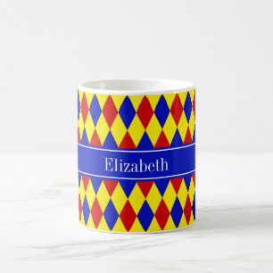 Caneca De Café Monograma real da fita do Harlequin amarelo azul
