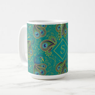 Caneca De Café Monograma Real em Tons de Azul e Paisley de Pavão