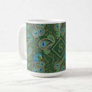 Caneca De Café Monograma Real Verde Paisley Pavão