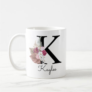 Caneca De Café Monograma Rosa Boho Floral Feminino Inicial K