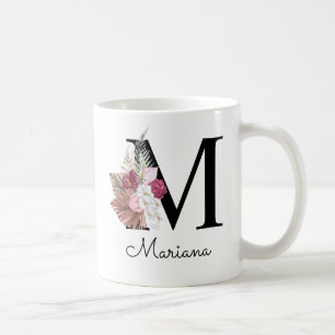 Caneca De Café Monograma Rosa Boho Floral Feminino Inicial M