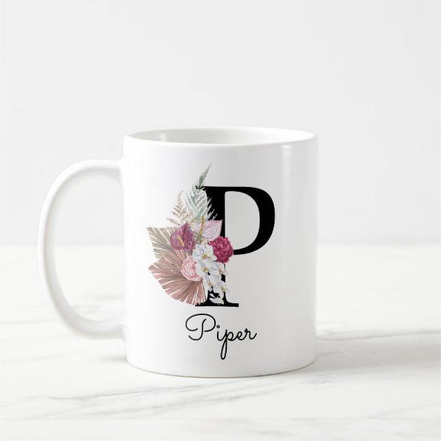 Caneca De Café Monograma Rosa Boho Floral Feminino Inicial P (Esquerda)