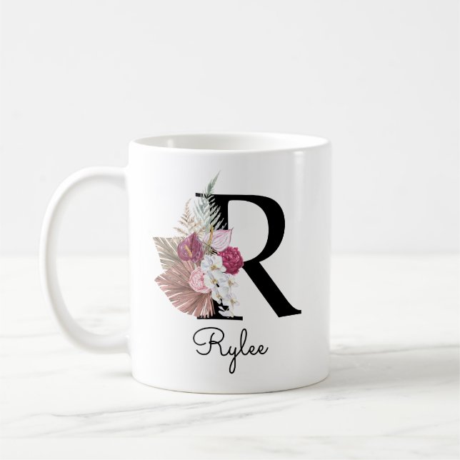 Caneca De Café Monograma Rosa Boho Floral Feminino Inicial R (Esquerda)