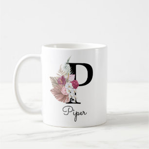 Caneca De Café Monograma Rosa Boho Girassol Floral Inicial P