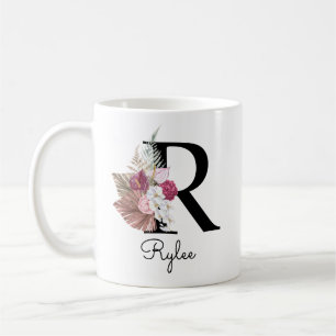 Caneca De Café Monograma Rosa Boho Girly Floral Inicial R
