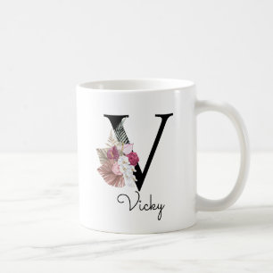 Caneca De Café Monograma Rosa Boho Girly Floral Inicial V
