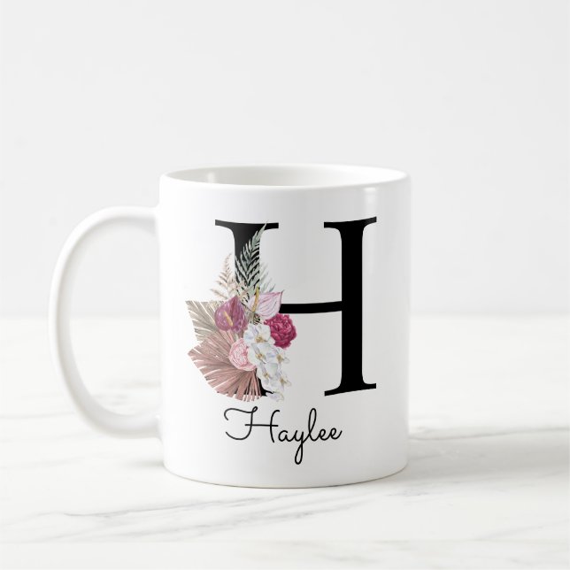Caneca De Café Monograma Rosa Boho Menina Floral Inicial H (Esquerda)