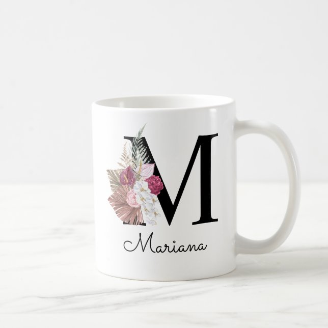 Caneca De Café Monograma Rosa Boho Menina Floral Inicial M (Direita)