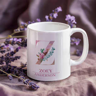 Caneca De Café Monograma Rosa Dourada Watercolor Flower - Letra Z