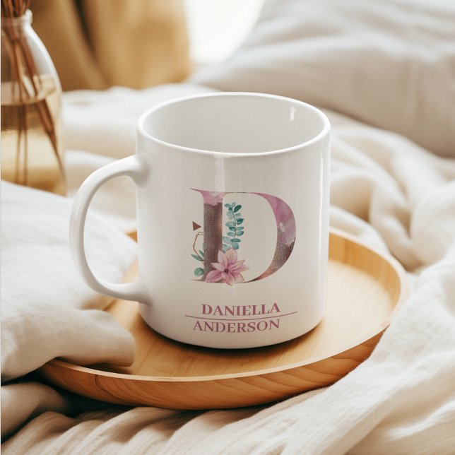 Caneca De Café Monograma Rosa Dourada Watercolor - Letra D (Criador carregado)