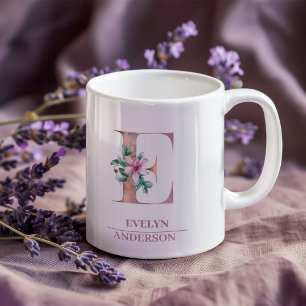 Caneca De Café Monograma Rosa Dourada Watercolor - Letra E