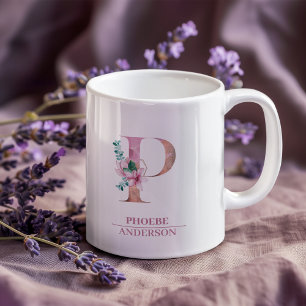 Caneca De Café Monograma Rosa Dourada Watercolor - Letra P