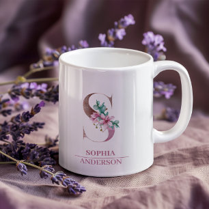 Caneca De Café Monograma Rosa Dourada Watercolor - Letra S