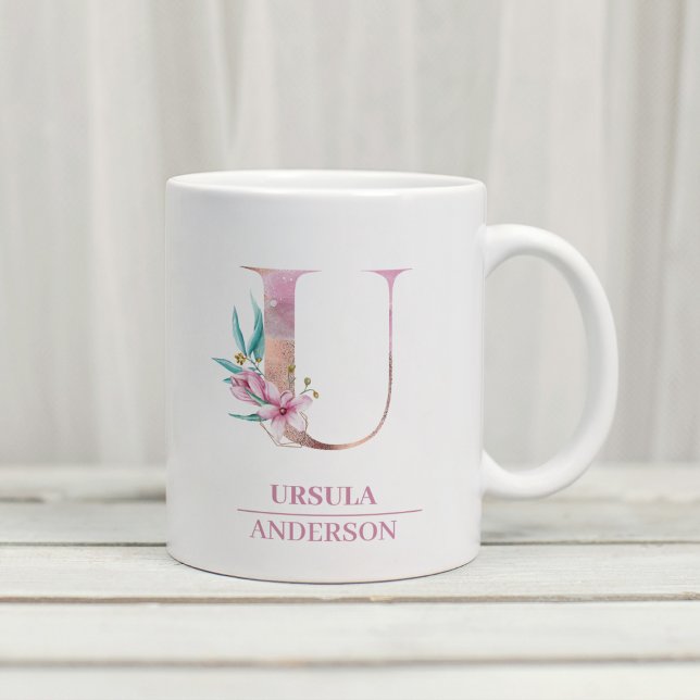 Caneca De Café Monograma Rosa Dourada Watercolor - Letra U (Criador carregado)