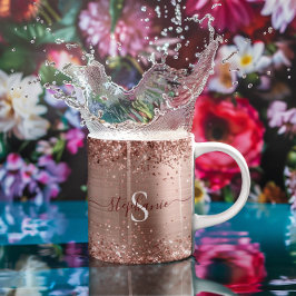 Caneca De Café Monograma Rosa Dourado Faux-Glitter Girly Glam