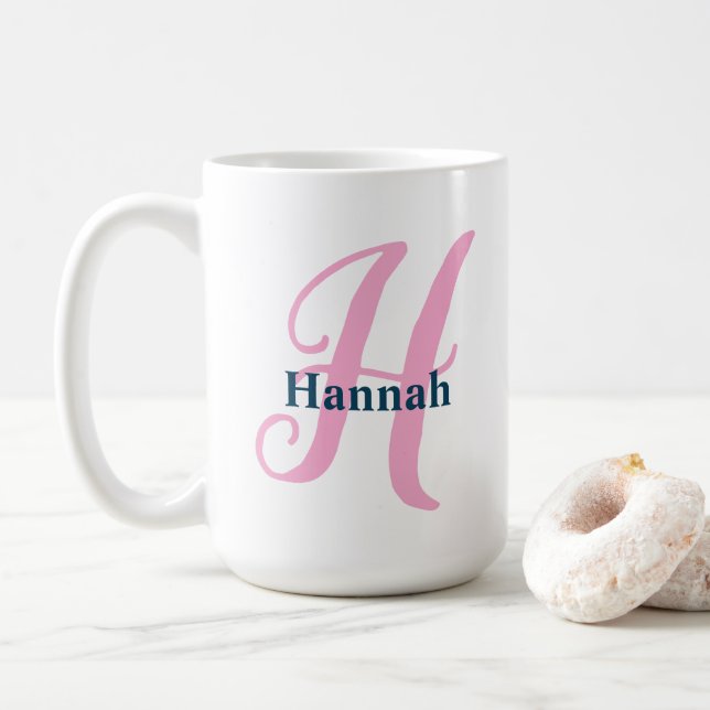 Caneca De Café Monograma Rosa Personalizado - Letra H Nome Person (Com Donut)