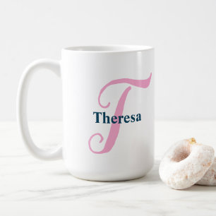 Caneca De Café Monograma Rosa Personalizado - Letra T Nome Person