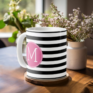 Caneca De Café Monograma Rosa Quente, de Padrão Preto e Branco