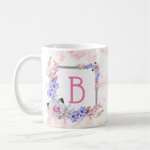 Caneca De Café Monograma Rose Bouquet Marble Rosa