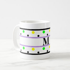 Caneca De Café Monograma Roxo Amarelo Verde Bolinhas