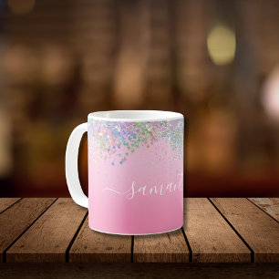 Caneca De Café Monograma Script Name Rosa Glitter Girly Glam Blin