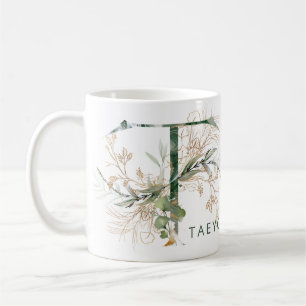 Caneca De Café Monograma "T" Botânico de Eucalipto em Ouro Person