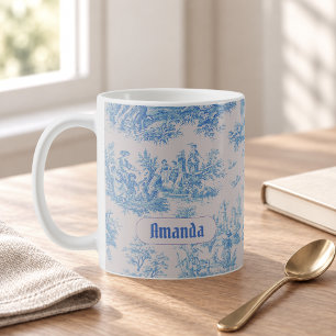 Caneca De Café Monograma Toile Floral Azul Turquesa Vintage