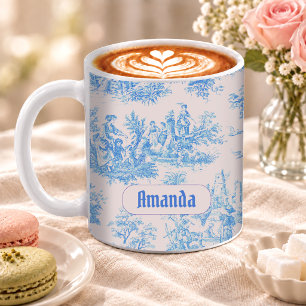 Caneca De Café Monograma Toile Floral Azul Turquesa Vintage