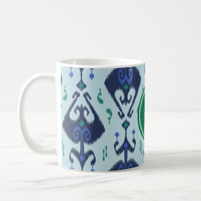 Caneca De Café Monograma tribal do teste padrão do ikat azul (Esquerda)