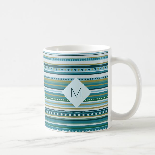 Caneca De Café Monograma Tribal Teal Blue Pattern Mug (Direita)
