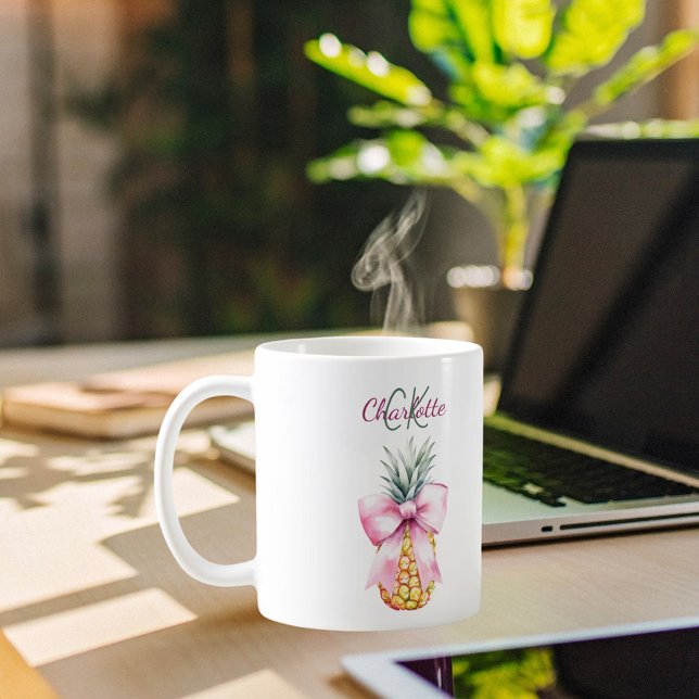 Caneca De Café Monograma tropical de Verão de ananás arco rosa (Criador carregado)